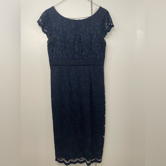 calvin klein blue lace dress Calvin Klein Metallic Floral Lace Sheath Dress V-Neck 3/4 Sleeve MOB 16W NWT